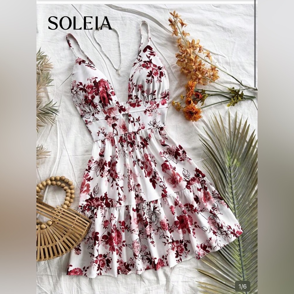 SHEIN White Floral Backless Mini Dress with Red Print
